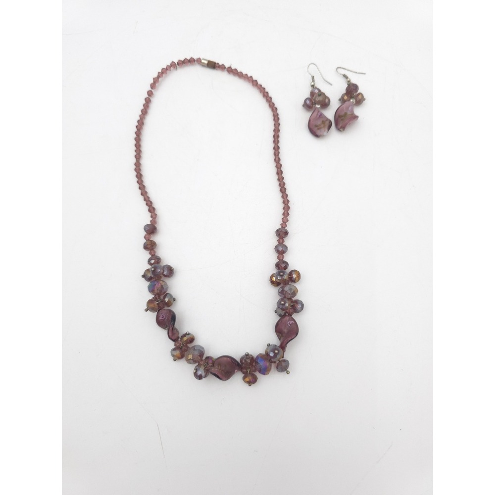Purple Glass Bead Necklace and Earring Set Art Glass Gold Accents 19 Inch